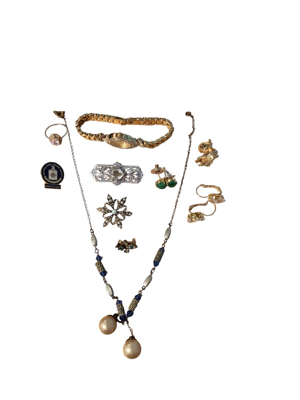 Gold-Tone Necklace with Pearl Drops and Blue Accents and Assorted Wonens Jewelry